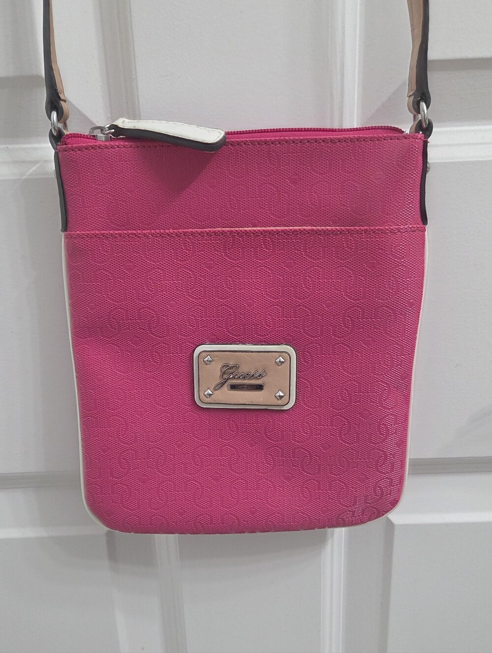 Guess Hot Pink Crossbody with Logo Plaque and Contrast Trim